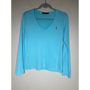 Polo Ralph Lauren Aqua Blue Long-Sleeve T-Shirt V-Neck Women's L Pink Pony Logo
